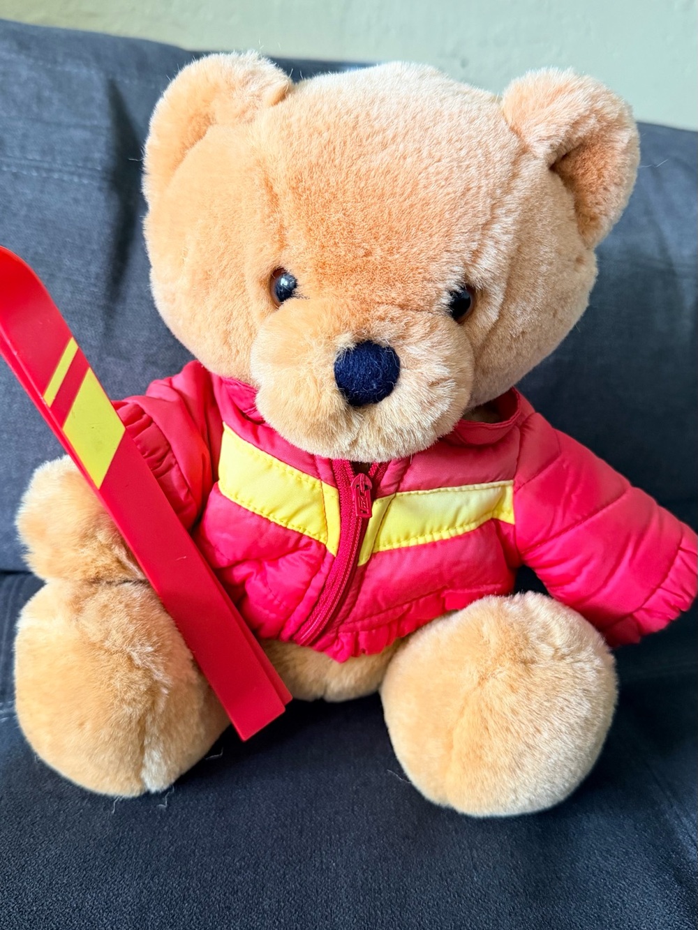 Plush Teddy Bear in Light Brown with Red Jacket - Kids Toy